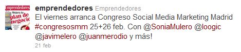 Publicación de Emprendedores anunciando la participación de Javier Melero en el Congreso Social Media Marketing Madrid de 2011